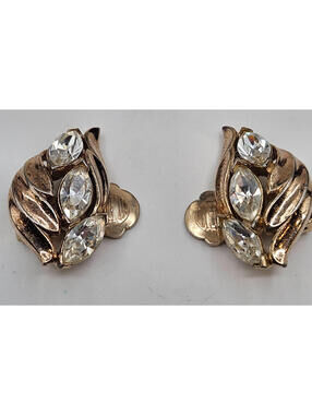 Crown Trifari Vintage Gold Tone Leaf Clip On Earrings Clear Marquise Rhinestones